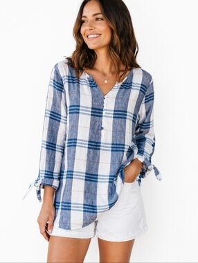 Liz Claiborne Blue White Plaid Linen Cotton Blend Top Size Medium Tie Sleeve